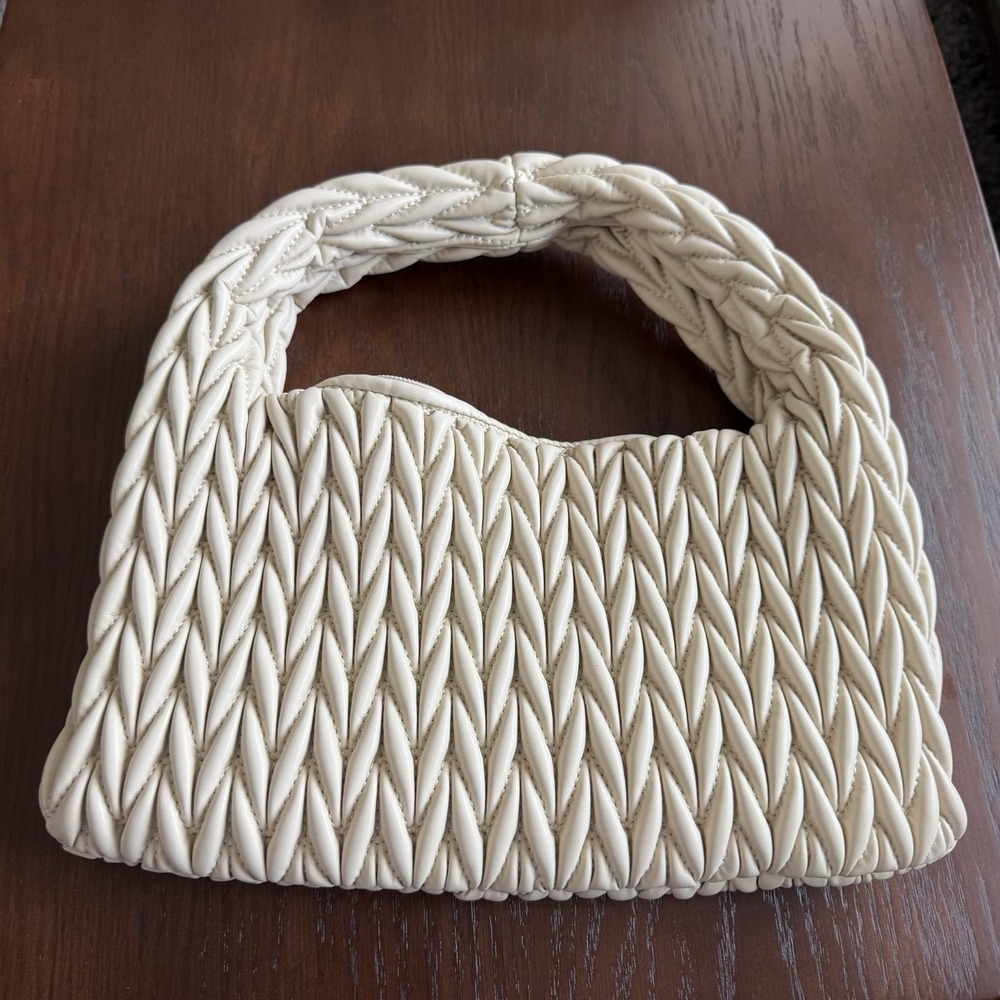 Shiraleah Ivory Woven Quilted Hobo Shoulder Bag Braided Handle Vegan Leather